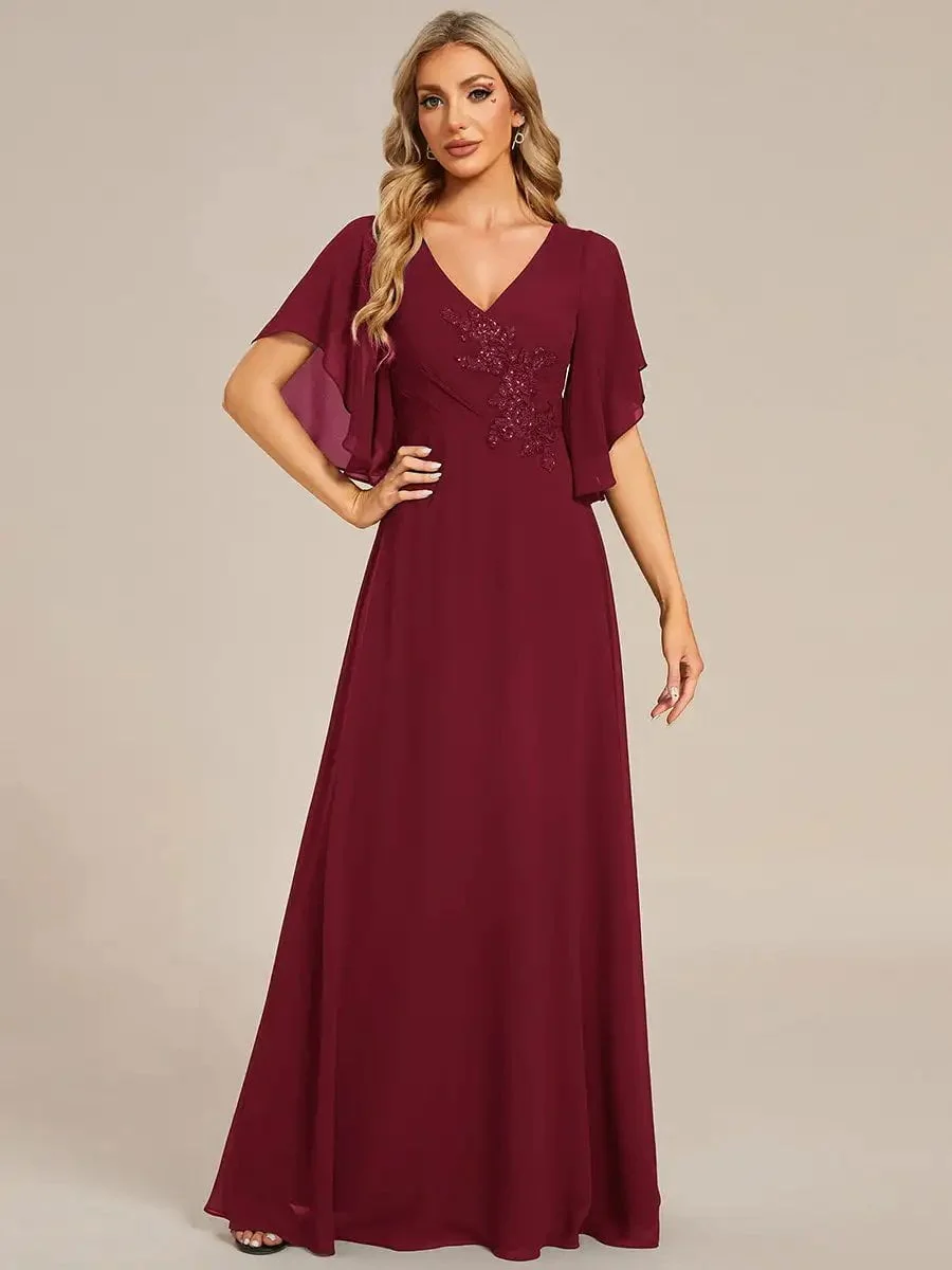 Elegant Evening Dresses Maxi Long Floral Embroidery With Short Sleeves 2024 Ever pretty of Chiffon Burgundy Bridesmaid dress - Image 4