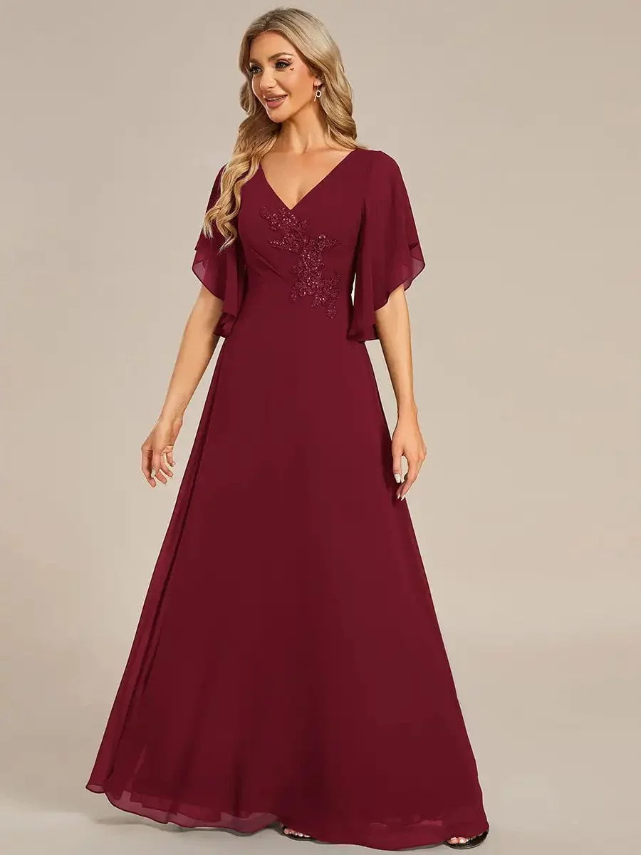 Elegant Evening Dresses Maxi Long Floral Embroidery With Short Sleeves 2024 Ever pretty of Chiffon Burgundy Bridesmaid dress - Image 3
