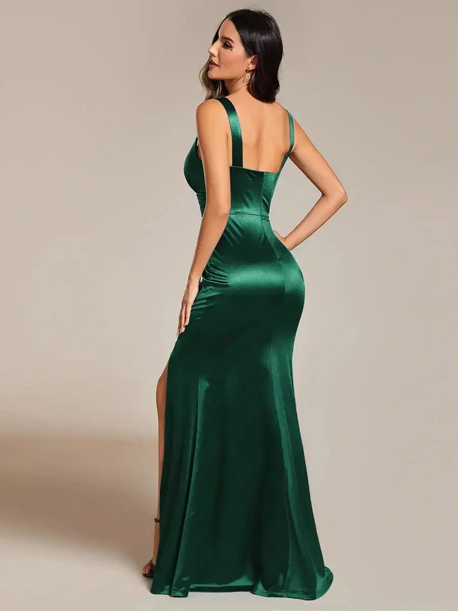 Gorgeous Evening Dresses V-Neck Satin Spaghetti Strap High-Slit 2024 Ever Pretty of Dark Green Fishtail Formal Evening Dress - Image 2