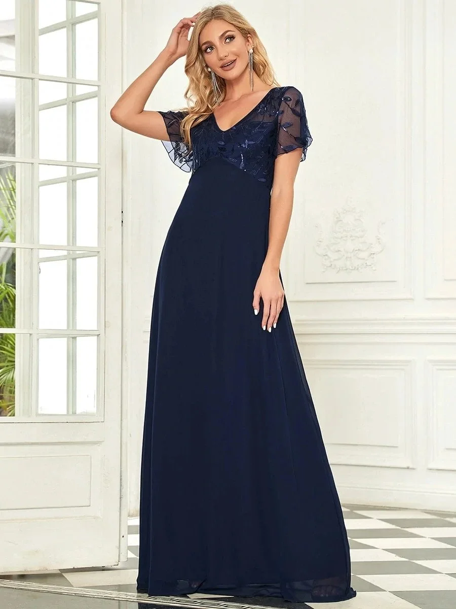 Elegant Evening Dresses V-Neck Short Sleeve A-LINE Lace Floor-Length Gown 2024 Ever pretty of Navy Blue Simple Prom Dress Women - Image 3