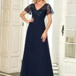 Elegant Evening Dresses V-Neck Short Sleeve A-LINE Lace Floor-Length Gown 2024 Ever pretty of Navy Blue Simple Prom Dress Women
