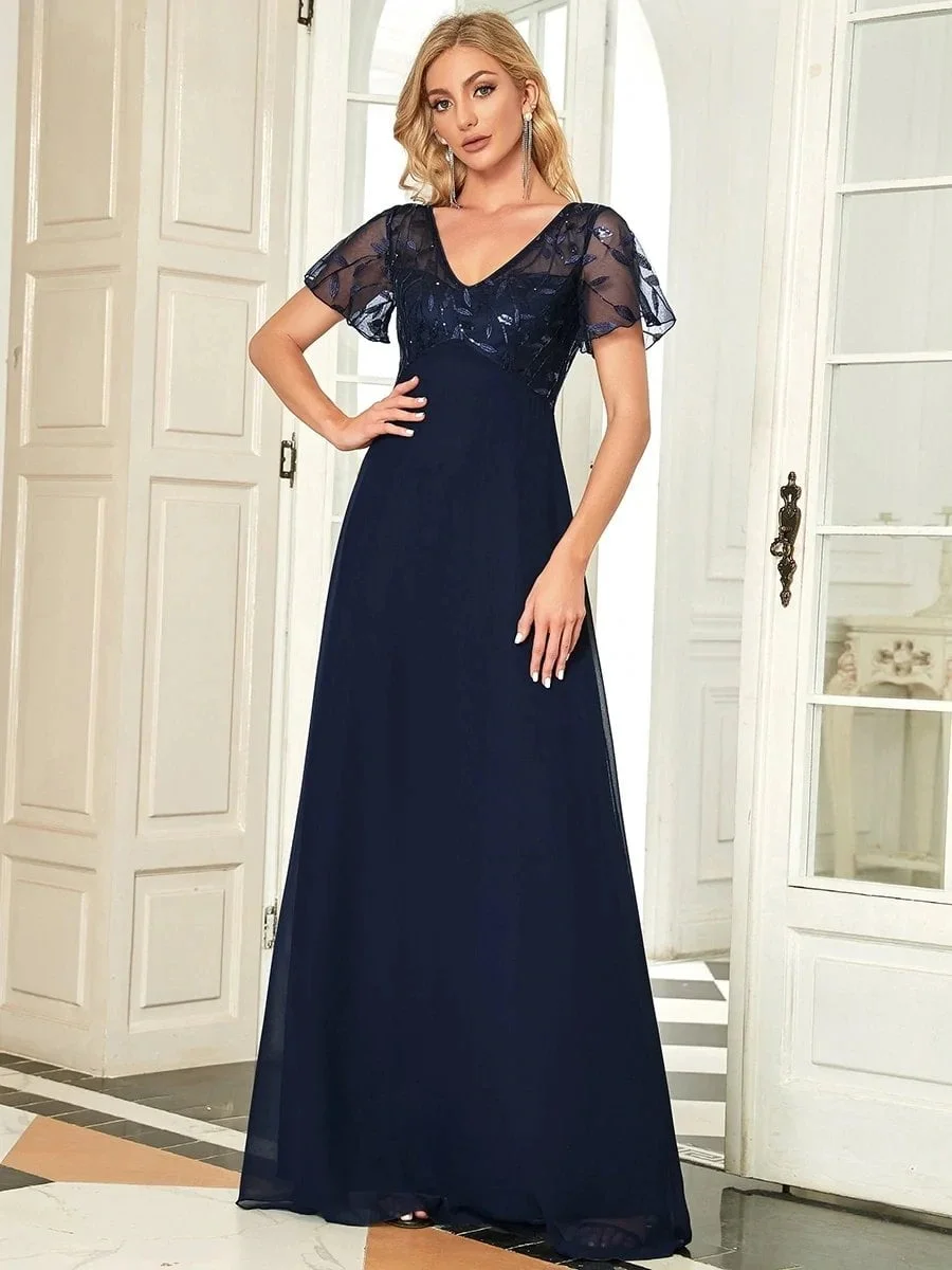 Elegant Evening Dresses V-Neck Short Sleeve A-LINE Lace Floor-Length Gown 2024 Ever pretty of Navy Blue Simple Prom Dress Women