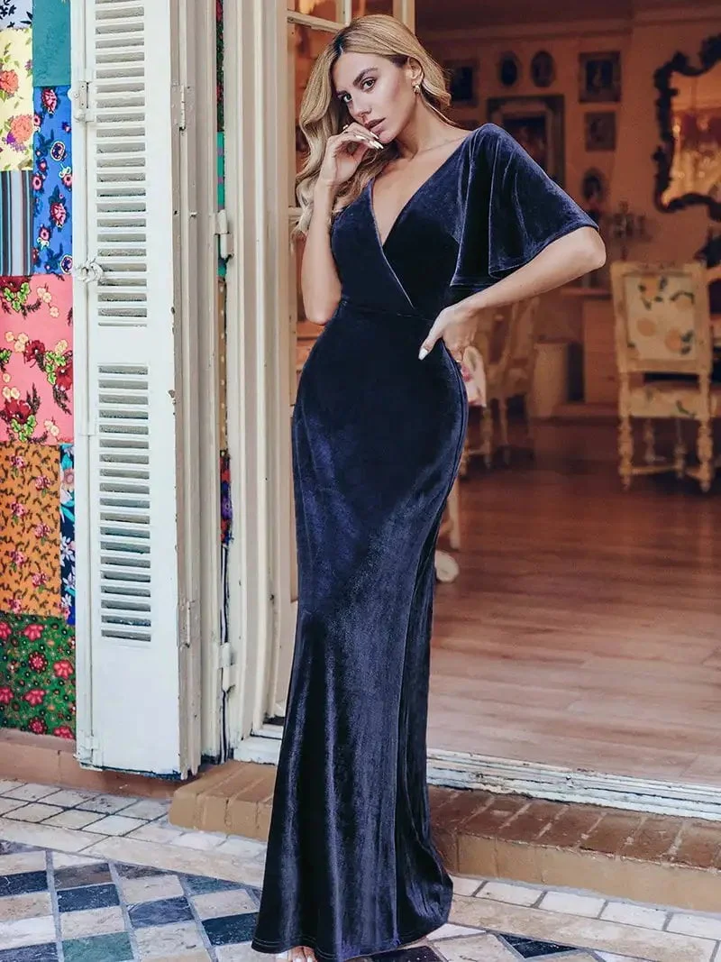 Elegant Evening Dress Long V Neck Ruffle Sleeves High Waist Floor-Length Gown 2024 Ever Pretty of Simple Prom Wome Party Dress
