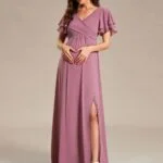 Elegant Maternity Dresses Ruffle Sleeves Split V-neck Short sleeve Hidden zipper 2024 Ever Pretty of Chiffon Orchid Women Dress