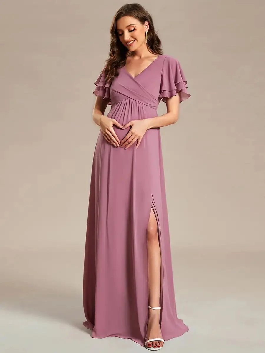Elegant Maternity Dresses Ruffle Sleeves Split V-neck Short sleeve Hidden zipper 2024 Ever Pretty of Chiffon Orchid Women Dress