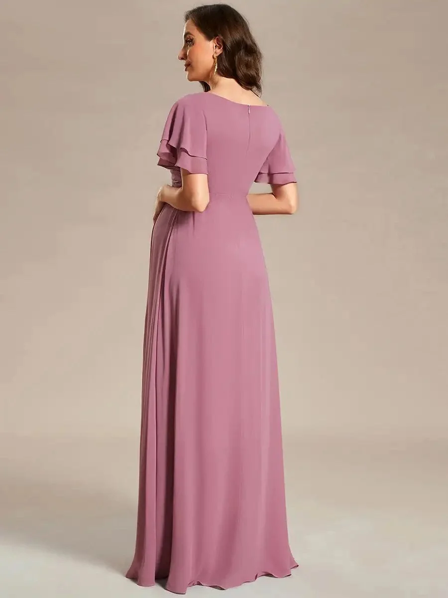 Elegant Maternity Dresses Ruffle Sleeves Split V-neck Short sleeve Hidden zipper 2024 Ever Pretty of Chiffon Orchid Women Dress - Image 3