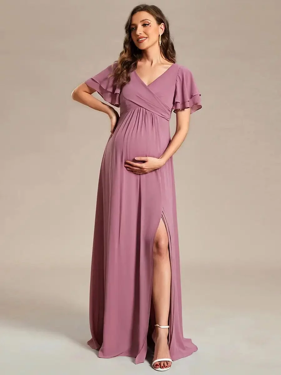 Elegant Maternity Dresses Ruffle Sleeves Split V-neck Short sleeve Hidden zipper 2024 Ever Pretty of Chiffon Orchid Women Dress - Image 4