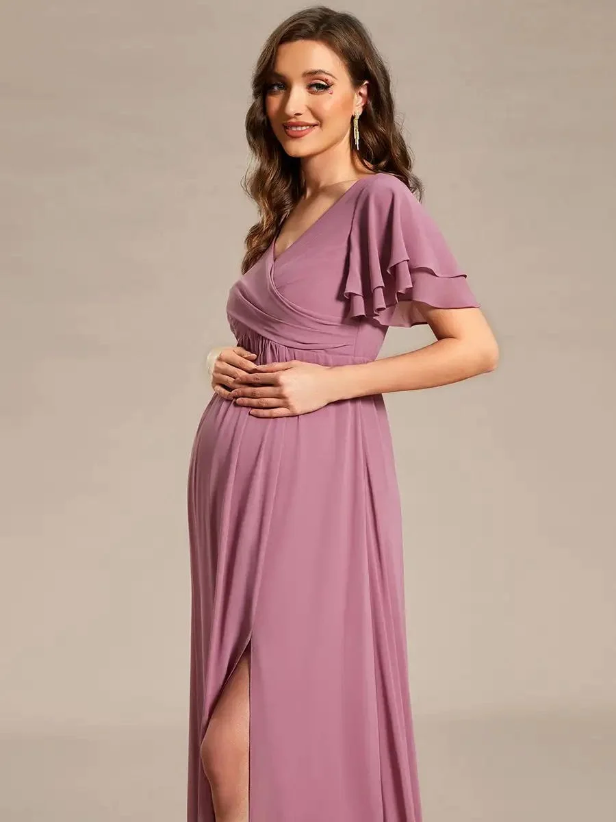 Elegant Maternity Dresses Ruffle Sleeves Split V-neck Short sleeve Hidden zipper 2024 Ever Pretty of Chiffon Orchid Women Dress - Image 5