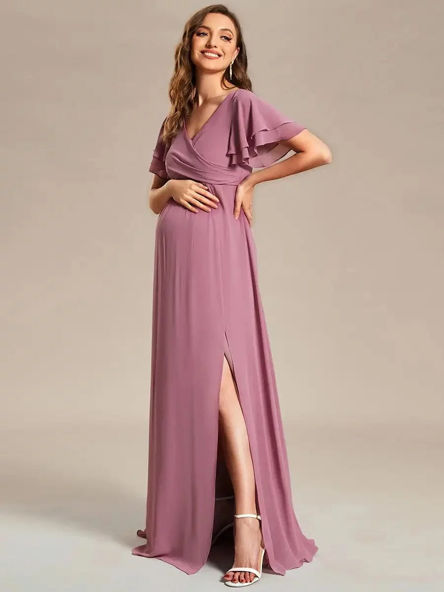 Elegant Maternity Dresses Ruffle Sleeves Split V-neck Short sleeve Hidden zipper 2024 Ever Pretty of Chiffon Orchid Women Dress - Image 2