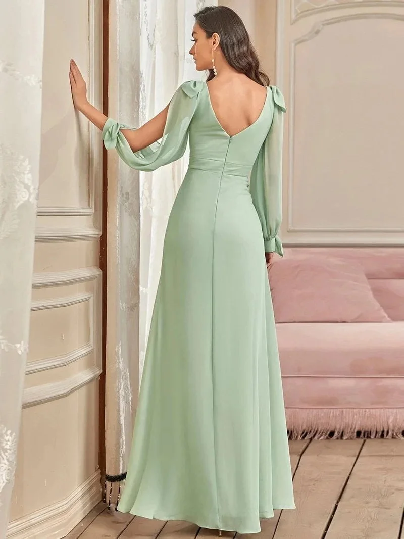 Elegant Evening Dress Long A-LINE V-Neck Full Sleeves Floor-Length Mint Green Gown 2024 ever pretty of Chiffon Bridesmaid Dress - Image 2