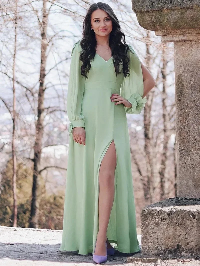Elegant Evening Dress Long A-LINE V-Neck Full Sleeves Floor-Length Mint Green Gown 2024 ever pretty of Chiffon Bridesmaid Dress - Image 4