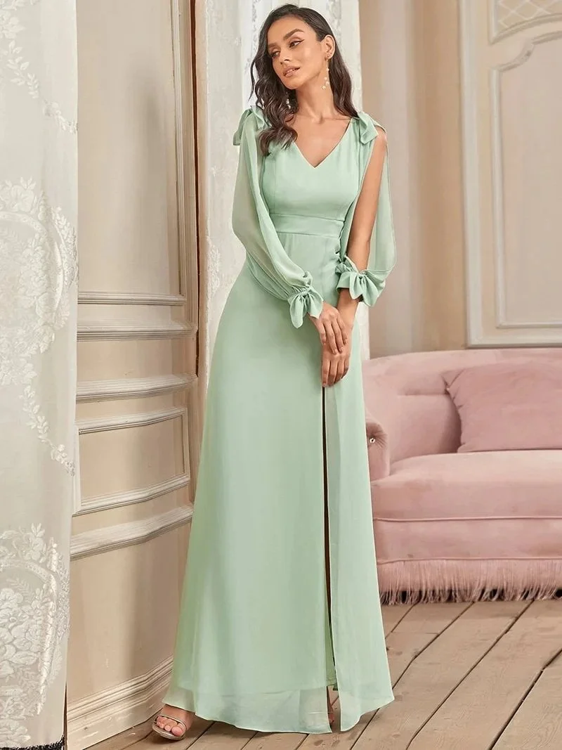 Elegant Evening Dress Long A-LINE V-Neck Full Sleeves Floor-Length Mint Green Gown 2024 ever pretty of Chiffon Bridesmaid Dress - Image 3