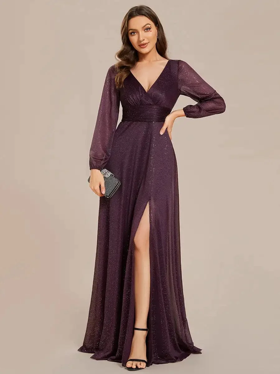 Gorgeous Evening Dresses Deep V-Neck Sequin Long Sleeves Ever Pretty of 2024 Shiny Dark Purple Bridesmaid dresses - Image 4