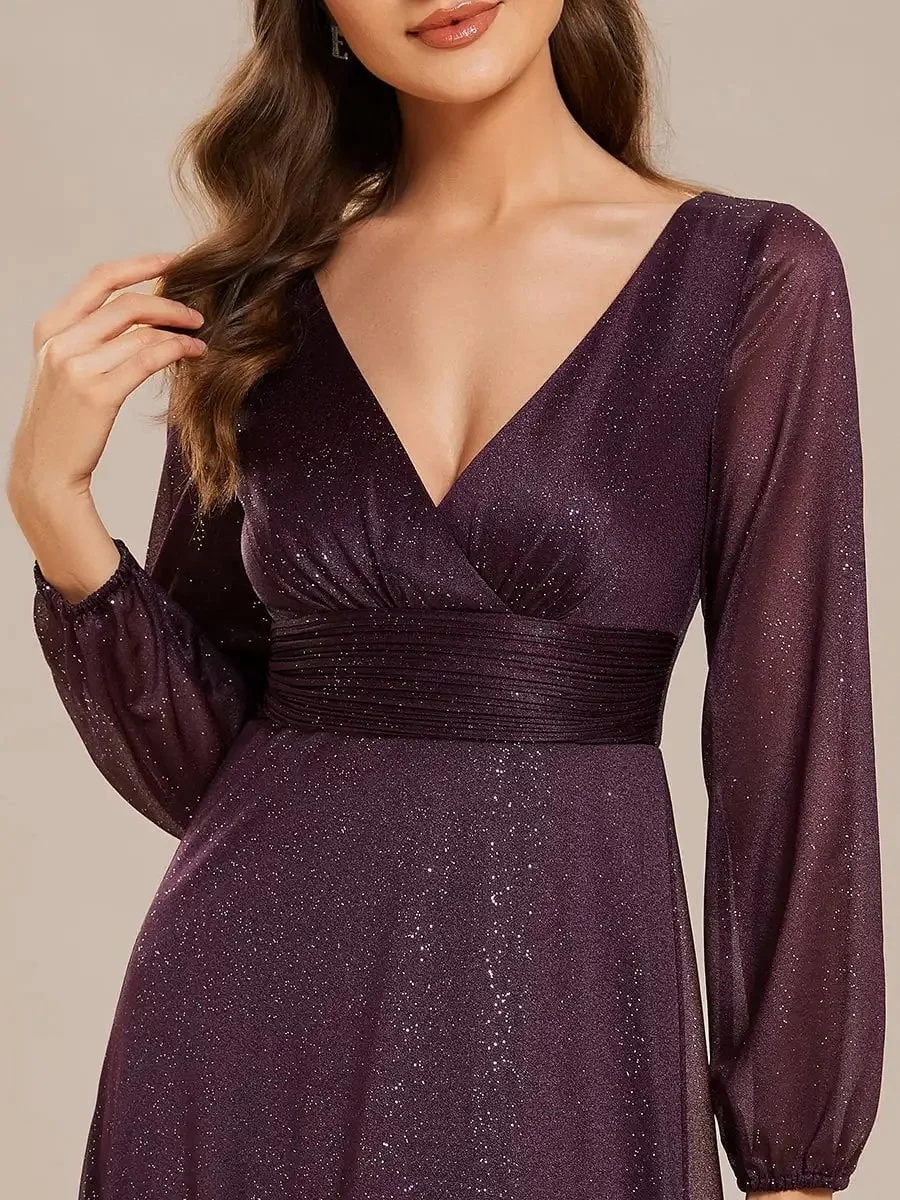 Gorgeous Evening Dresses Deep V-Neck Sequin Long Sleeves Ever Pretty of 2024 Shiny Dark Purple Bridesmaid dresses - Image 5