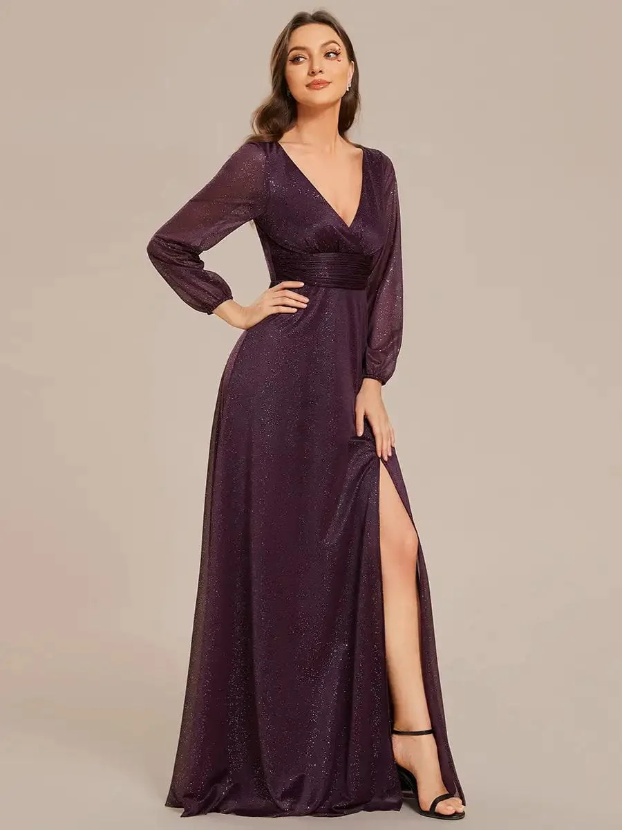 Gorgeous Evening Dresses Deep V-Neck Sequin Long Sleeves Ever Pretty of 2024 Shiny Dark Purple Bridesmaid dresses - Image 3
