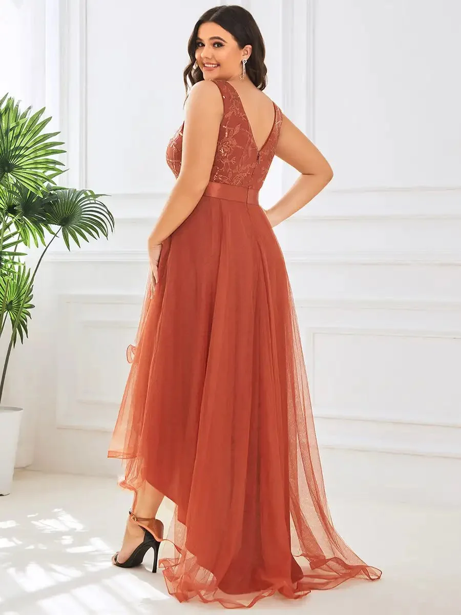 Plus Evening Dresses Sleeveless High-Low V Neck Tulle 2024 Ever pretty of Prom Dresses with Burnt Orange Sequin Appliques Gown - Image 2