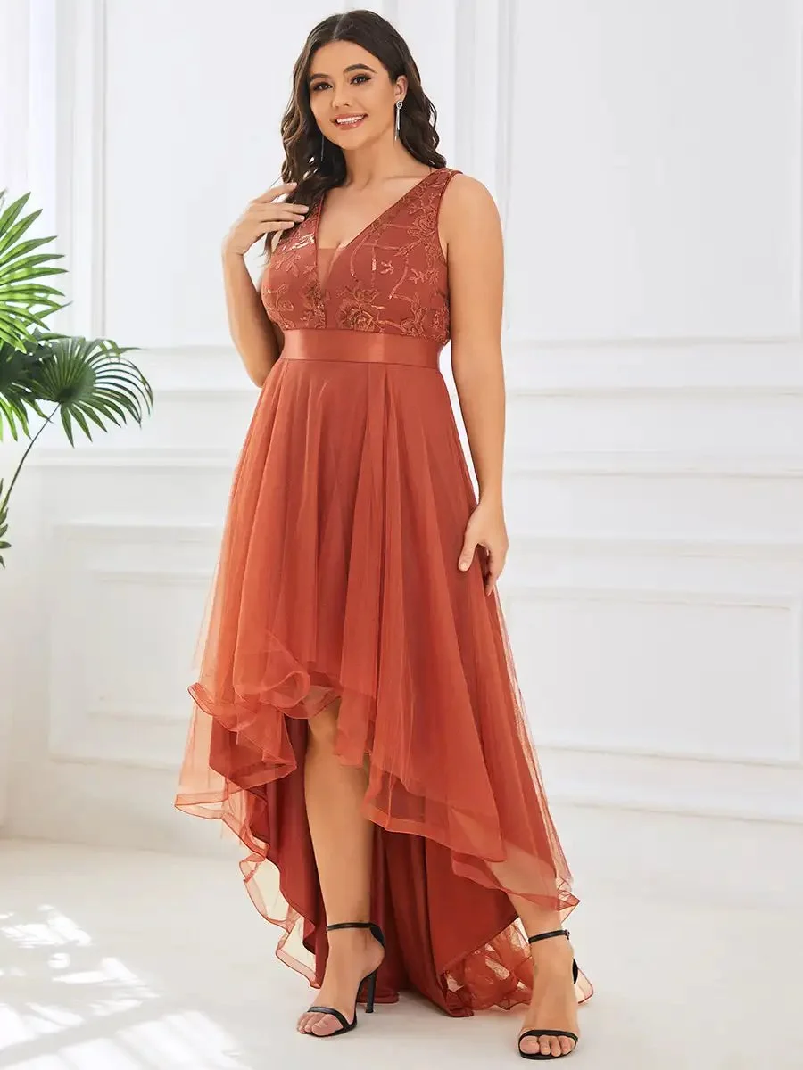 Plus Evening Dresses Sleeveless High-Low V Neck Tulle 2024 Ever pretty of Prom Dresses with Burnt Orange Sequin Appliques Gown - Image 4