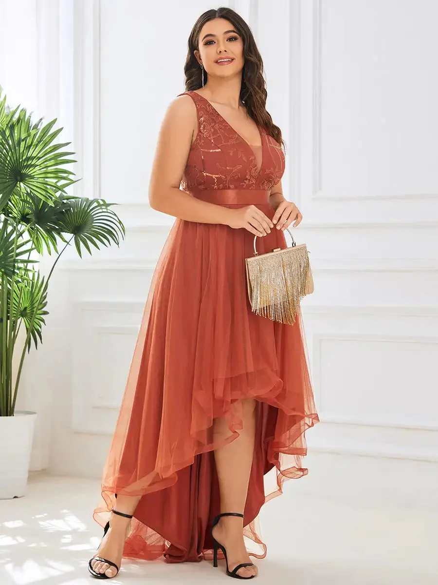 Plus Evening Dresses Sleeveless High-Low V Neck Tulle 2024 Ever pretty of Prom Dresses with Burnt Orange Sequin Appliques Gown - Image 3