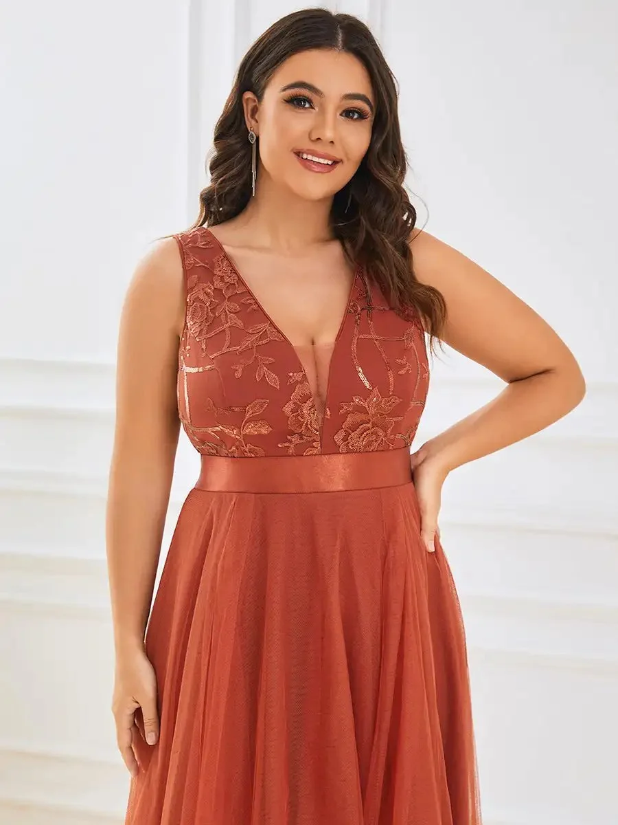 Plus Evening Dresses Sleeveless High-Low V Neck Tulle 2024 Ever pretty of Prom Dresses with Burnt Orange Sequin Appliques Gown - Image 5