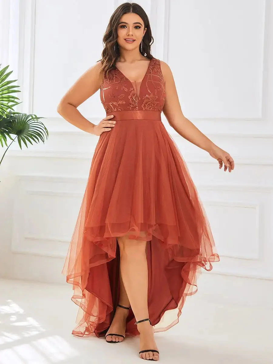Plus Evening Dresses Sleeveless High-Low V Neck Tulle 2024 Ever pretty of Prom Dresses with Burnt Orange Sequin Appliques Gown
