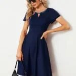 Elegant Evening Dresses Round Neck Rhinestone Mini Homecoming Knee-Length 2024 Ever Pretty of Navy Blue Cocktail Dresses