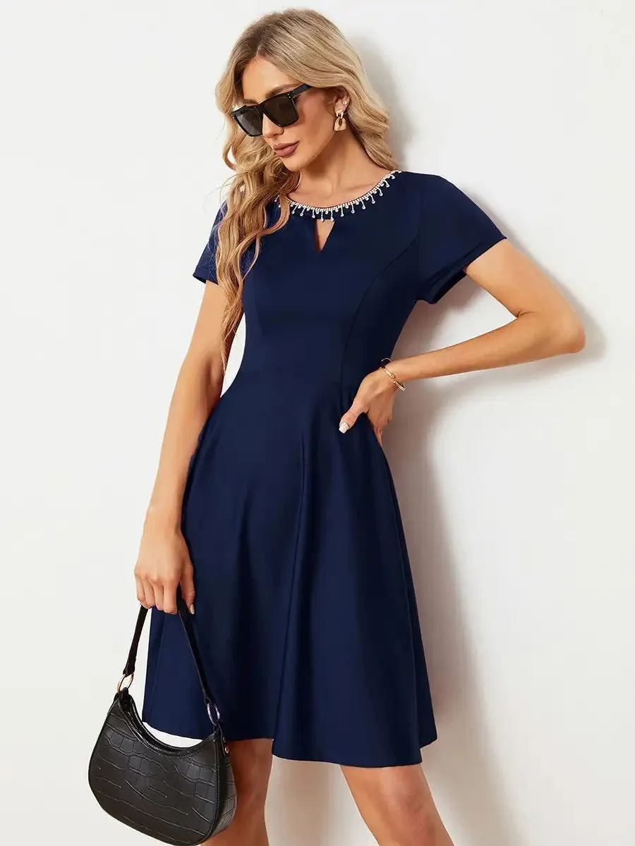 Elegant Evening Dresses Round Neck Rhinestone Mini Homecoming Knee-Length 2024 Ever Pretty of Navy Blue Cocktail Dresses