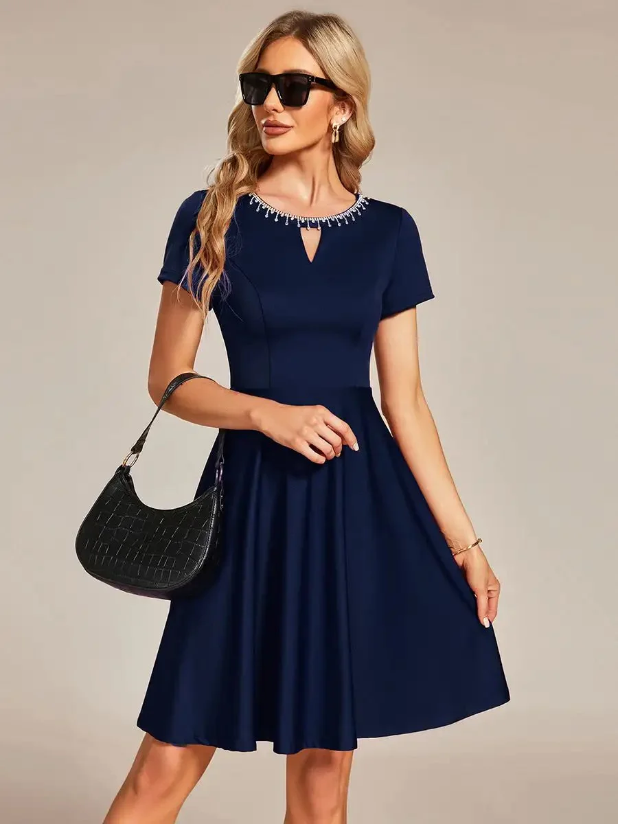 Elegant Evening Dresses Round Neck Rhinestone Mini Homecoming Knee-Length 2024 Ever Pretty of Navy Blue Cocktail Dresses - Image 3