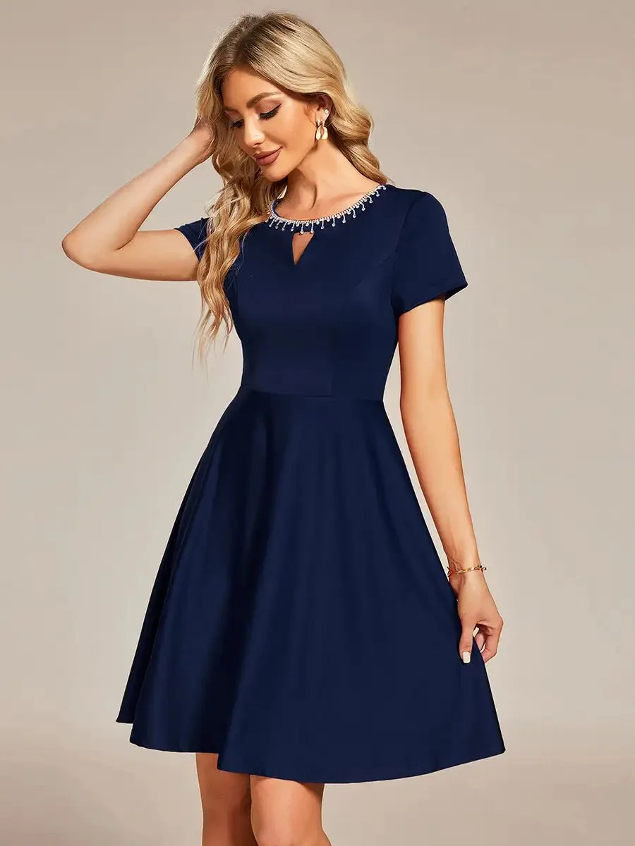 Elegant Evening Dresses Round Neck Rhinestone Mini Homecoming Knee-Length 2024 Ever Pretty of Navy Blue Cocktail Dresses - Image 4