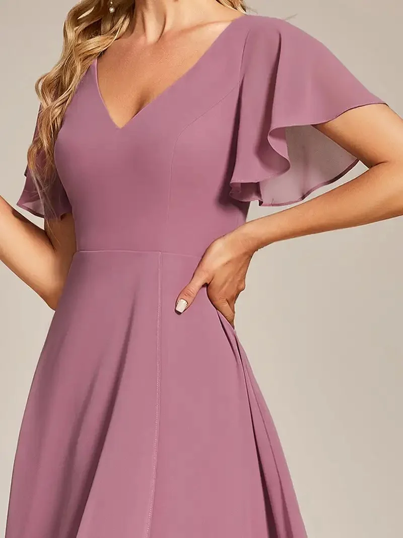 Elegant Evening Dresses V-Neck High Low Ruffles Hidden zipper Mid-calf 2024 Ever Pretty of Chiffon Orchid Bridesmaid Dresses - Image 5
