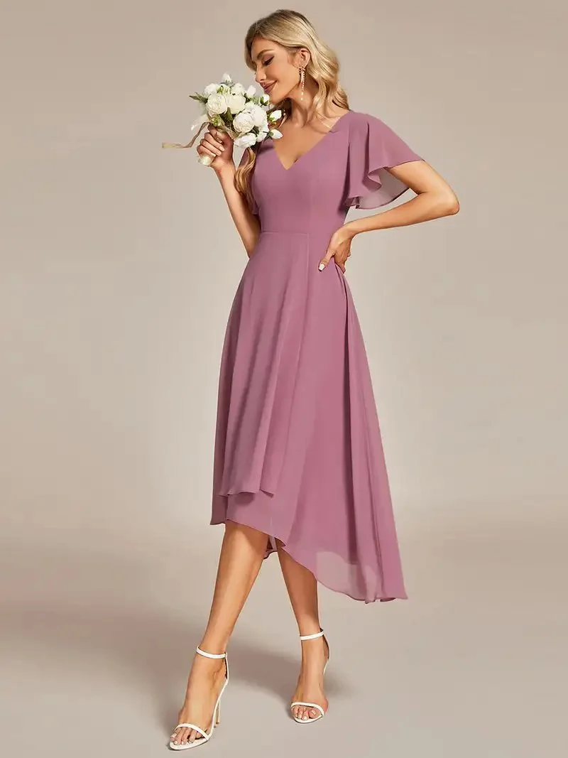Elegant Evening Dresses V-Neck High Low Ruffles Hidden zipper Mid-calf 2024 Ever Pretty of Chiffon Orchid Bridesmaid Dresses - Image 4