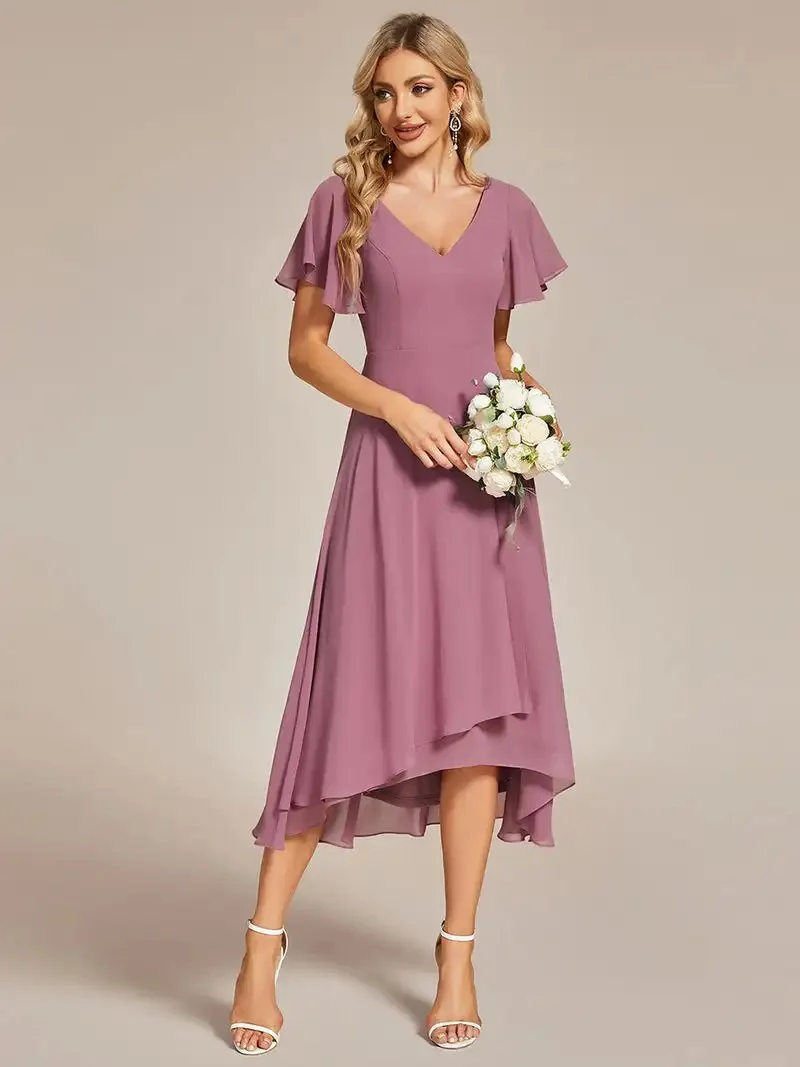 Elegant Evening Dresses V-Neck High Low Ruffles Hidden zipper Mid-calf 2024 Ever Pretty of Chiffon Orchid Bridesmaid Dresses - Image 3