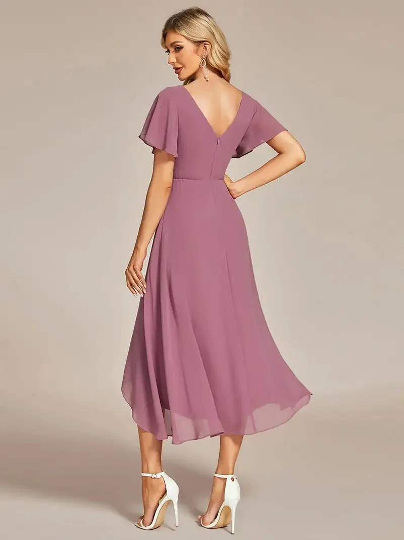 Elegant Evening Dresses V-Neck High Low Ruffles Hidden zipper Mid-calf 2024 Ever Pretty of Chiffon Orchid Bridesmaid Dresses - Image 2