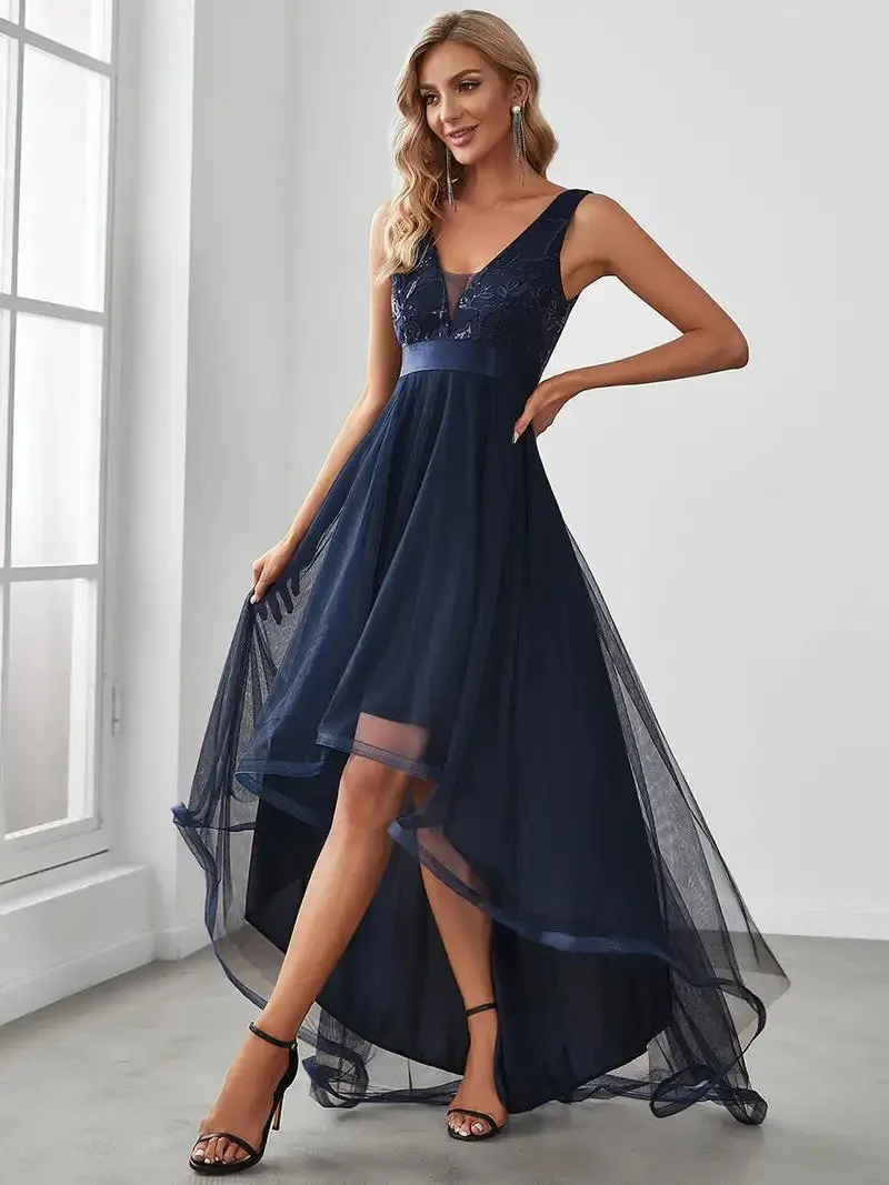 Elegant Evening Dresses Sleeveless High-Low V Neck Tulle 2024 Ever pretty of Prom Dresses with Navy Blue Sequin Appliques Gown - Image 4