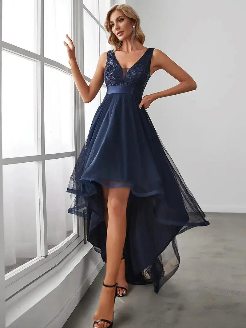 Elegant Evening Dresses Sleeveless High-Low V Neck Tulle 2024 Ever pretty of Prom Dresses with Navy Blue Sequin Appliques Gown - Image 3