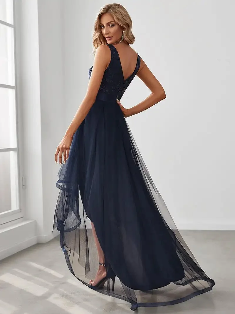 Elegant Evening Dresses Sleeveless High-Low V Neck Tulle 2024 Ever pretty of Prom Dresses with Navy Blue Sequin Appliques Gown - Image 2