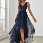 Elegant Evening Dresses Sleeveless High-Low V Neck Tulle 2024 Ever pretty of Prom Dresses with Navy Blue Sequin Appliques Gown