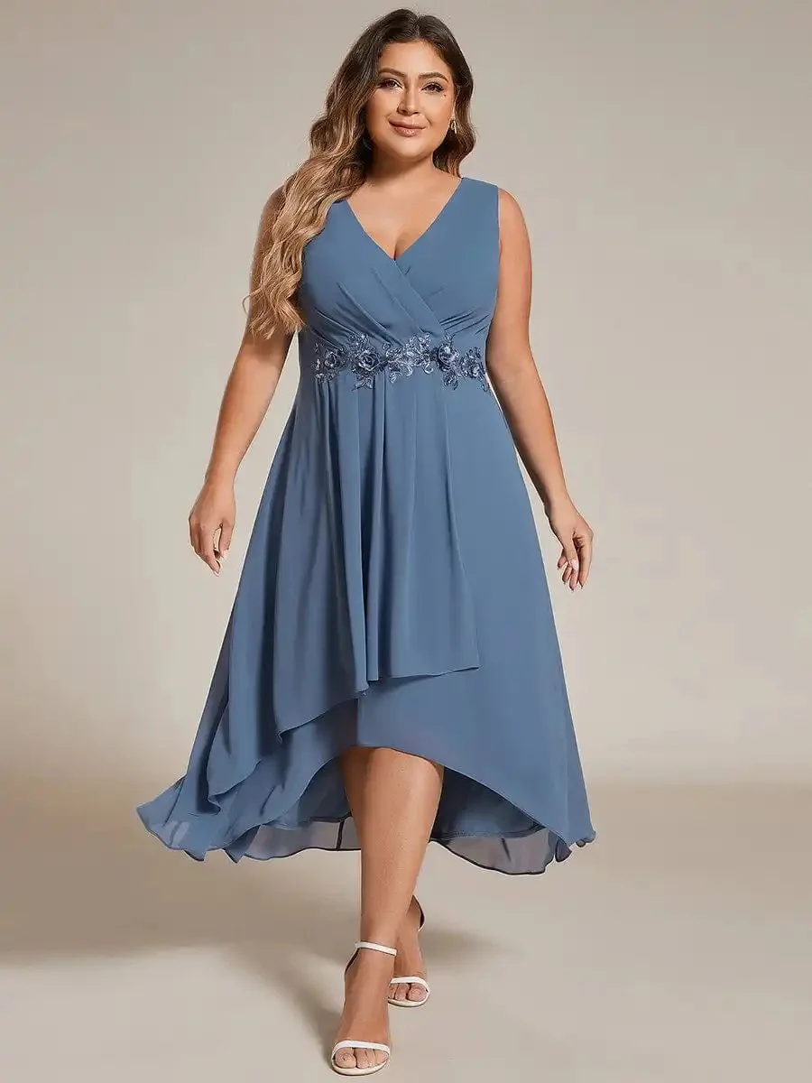 Plus Size Evening Dresses Sleeveless V-Neck High Low with Floral Applique 2024 Ever Pretty of Dusty Navy Wedding Guest Dress - Image 3