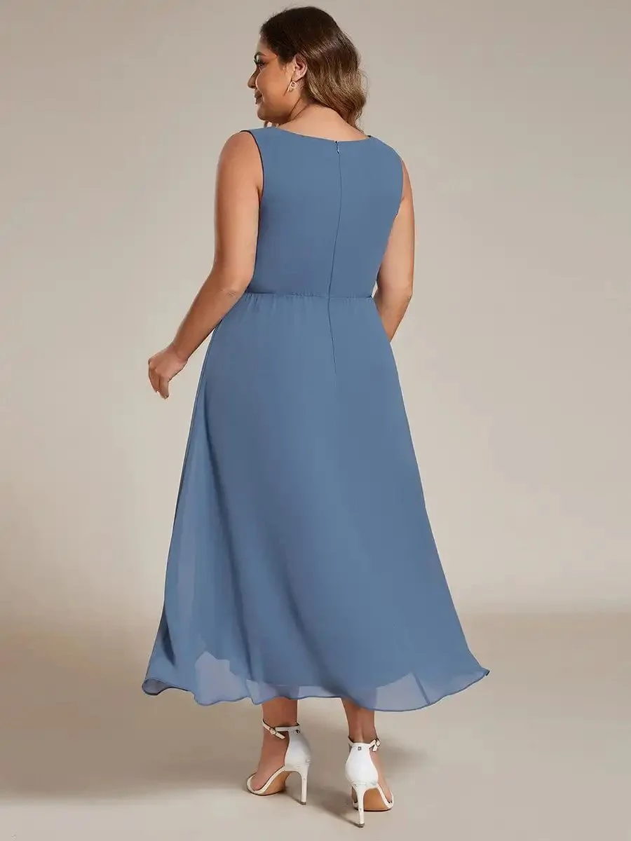 Plus Size Evening Dresses Sleeveless V-Neck High Low with Floral Applique 2024 Ever Pretty of Dusty Navy Wedding Guest Dress - Image 2