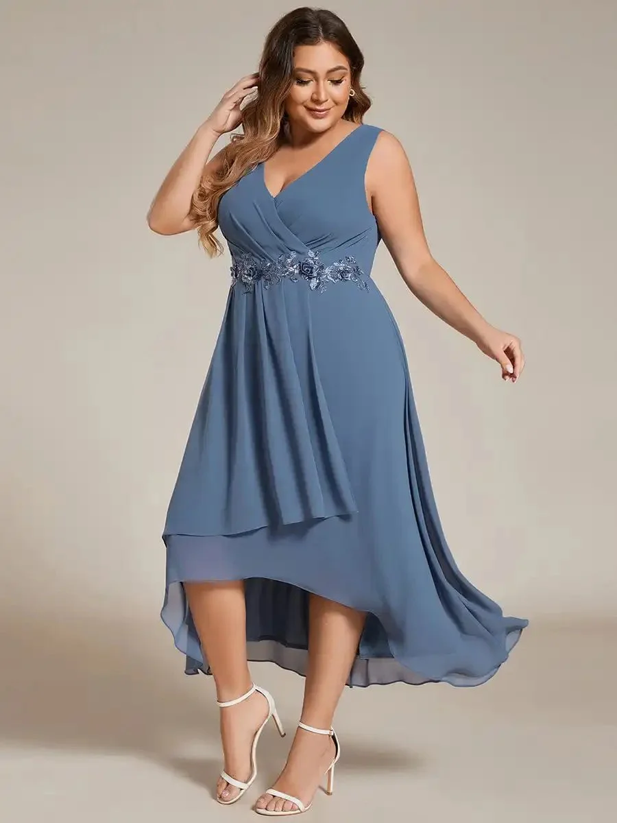 Plus Size Evening Dresses Sleeveless V-Neck High Low with Floral Applique 2024 Ever Pretty of Dusty Navy Wedding Guest Dress - Image 4