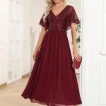Elegant Evening Dresses Short Ruffles Sleeves V Neck Knee-Length 2024 ever pretty of Chiffon Burgundy Mother of the Bride Dress