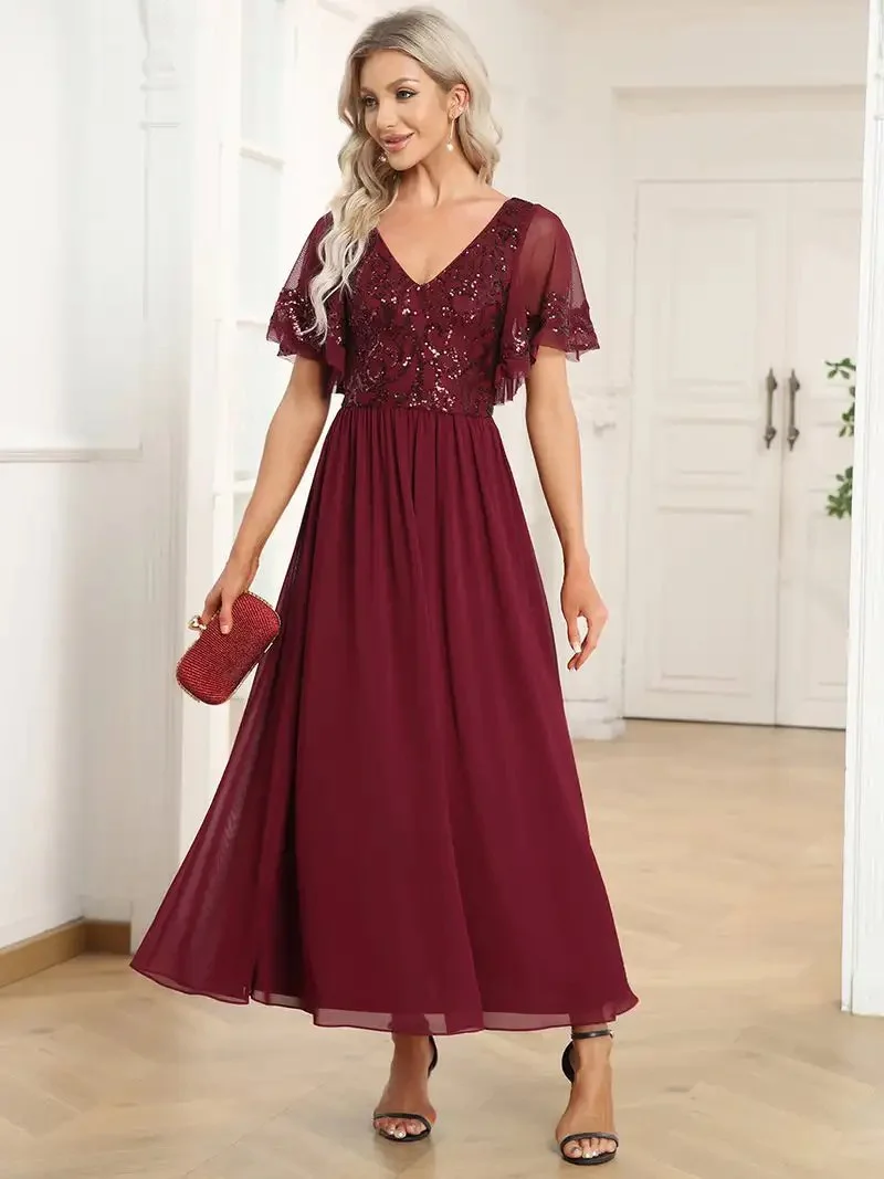 Elegant Evening Dresses Short Ruffles Sleeves V Neck Knee-Length 2024 ever pretty of Chiffon Burgundy Mother of the Bride Dress - Image 3