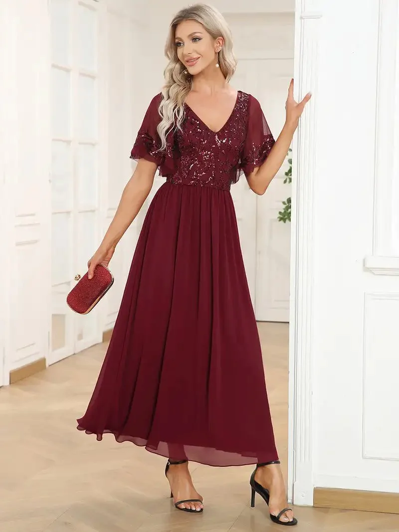 Elegant Evening Dresses Short Ruffles Sleeves V Neck Knee-Length 2024 ever pretty of Chiffon Burgundy Mother of the Bride Dress - Image 4