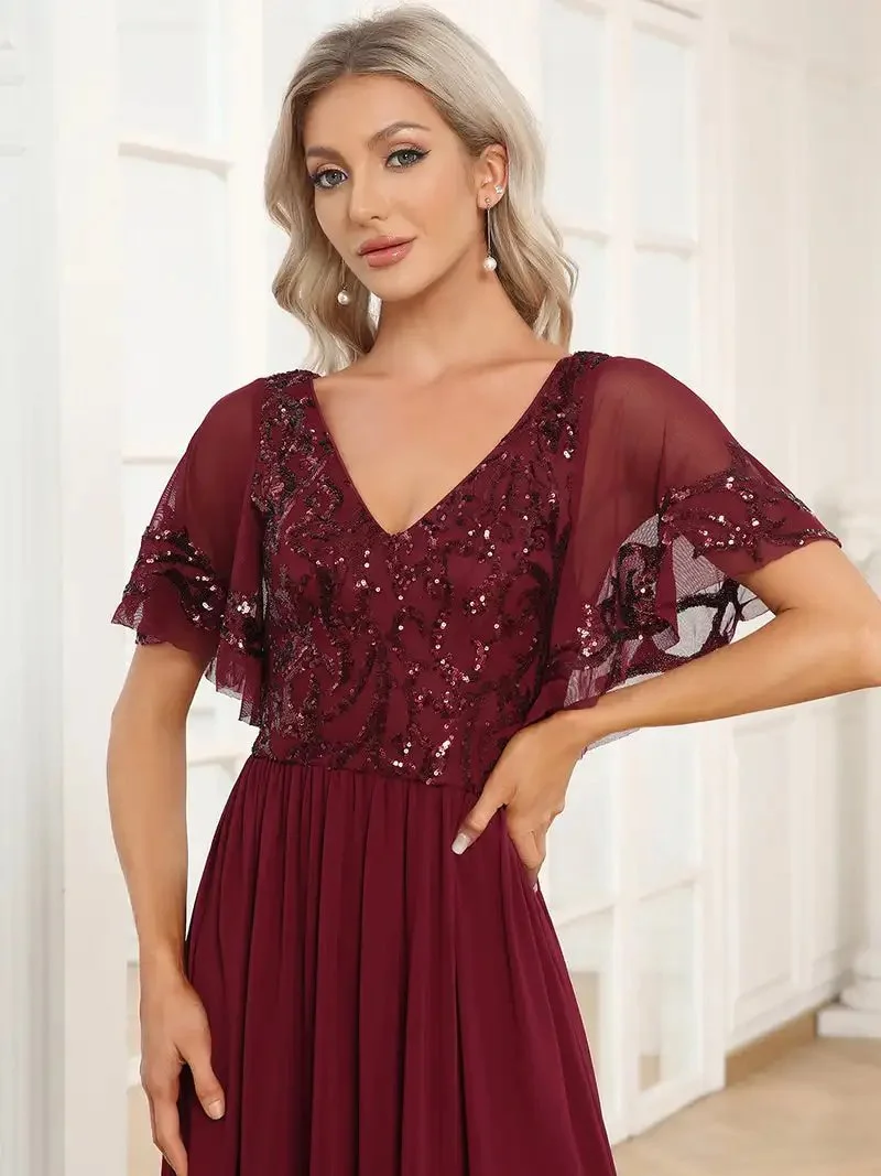 Elegant Evening Dresses Short Ruffles Sleeves V Neck Knee-Length 2024 ever pretty of Chiffon Burgundy Mother of the Bride Dress - Image 5