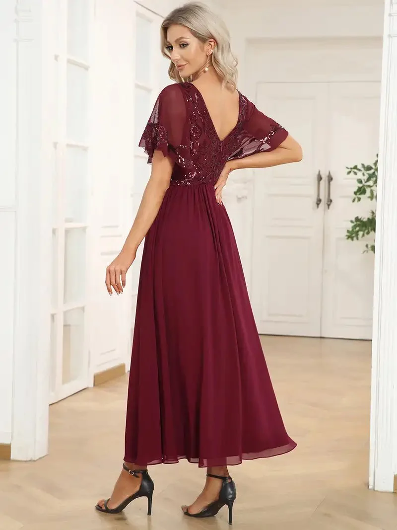 Elegant Evening Dresses Short Ruffles Sleeves V Neck Knee-Length 2024 ever pretty of Chiffon Burgundy Mother of the Bride Dress - Image 2