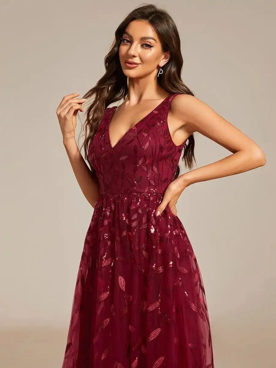Elegant Evening Dresses V-Neck Leaf Sequined Sleeveless Knee-Length 2024 Ever Pretty of Burgundy A-Line Midi Wedding Guest Dress - Image 5