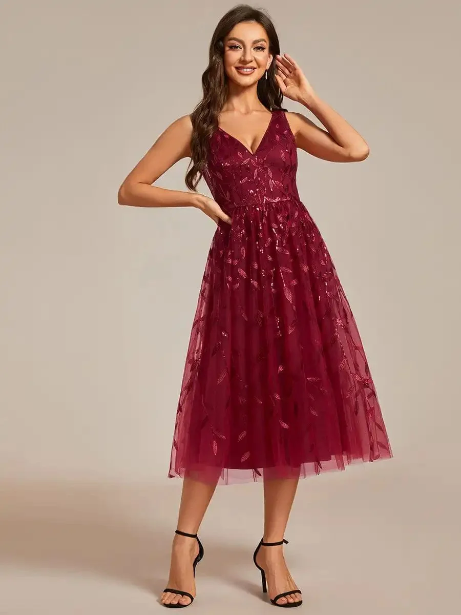 Elegant Evening Dresses V-Neck Leaf Sequined Sleeveless Knee-Length 2024 Ever Pretty of Burgundy A-Line Midi Wedding Guest Dress - Image 4