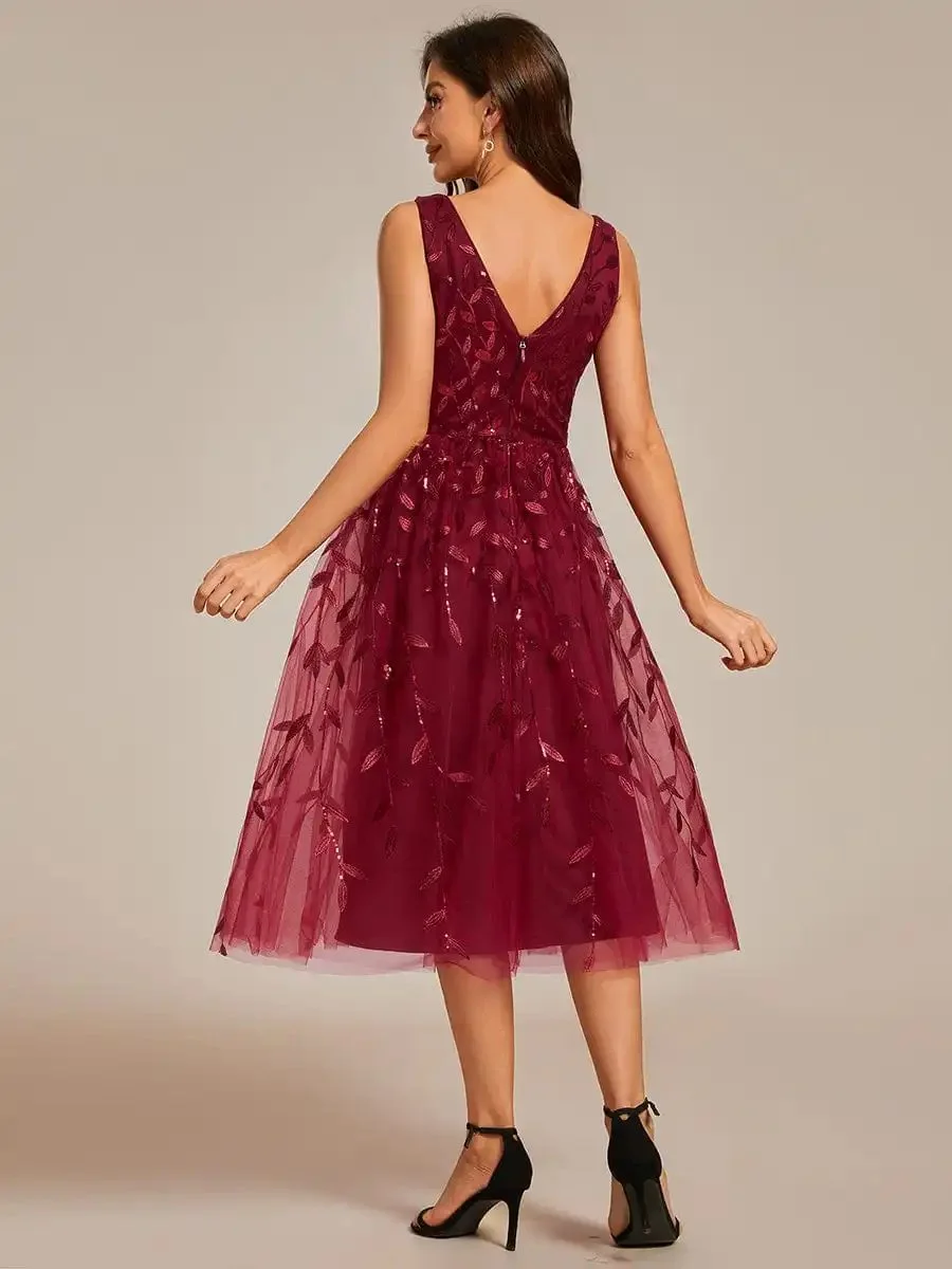 Elegant Evening Dresses V-Neck Leaf Sequined Sleeveless Knee-Length 2024 Ever Pretty of Burgundy A-Line Midi Wedding Guest Dress - Image 2