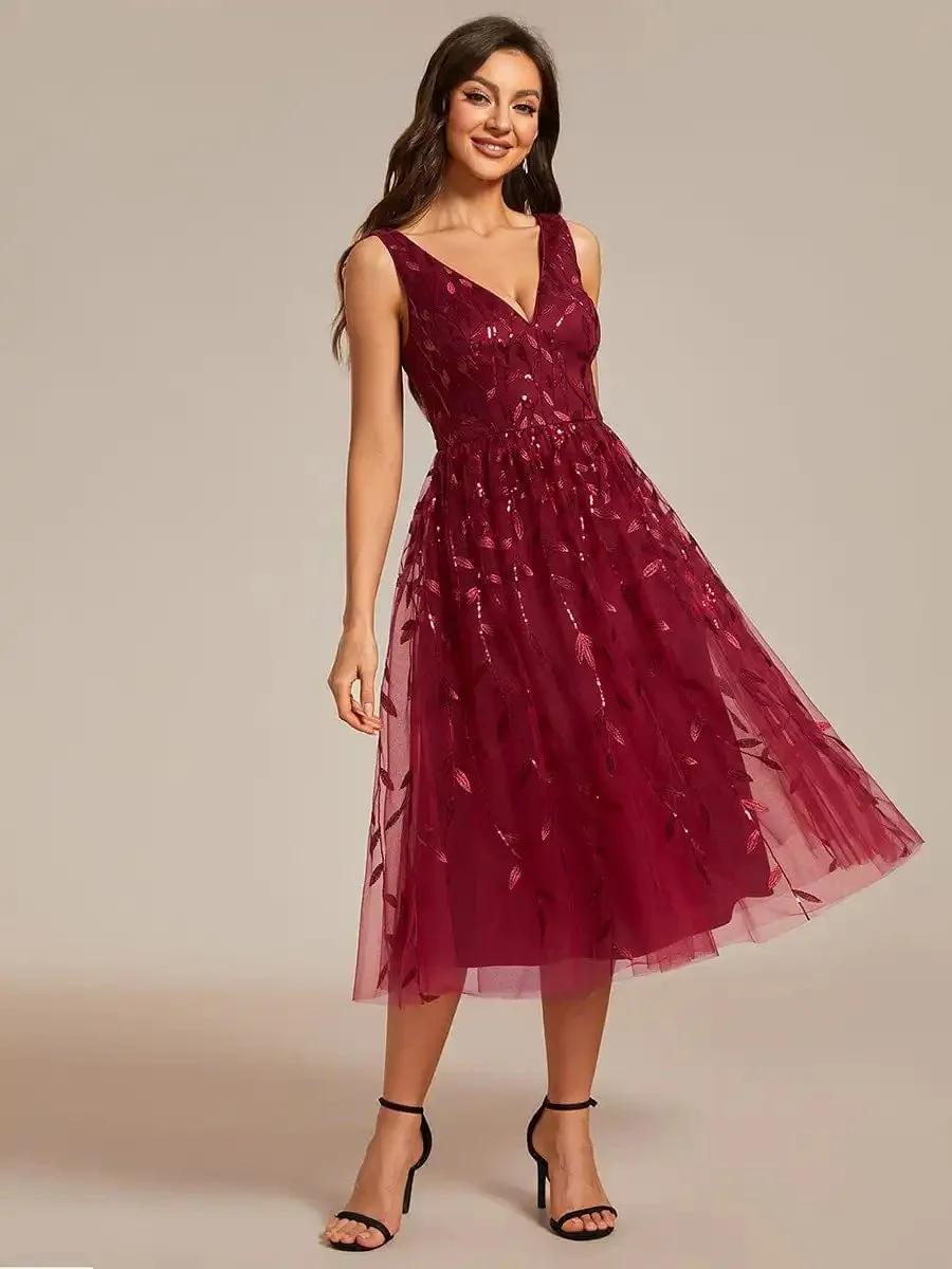 Elegant Evening Dresses V-Neck Leaf Sequined Sleeveless Knee-Length 2024 Ever Pretty of Burgundy A-Line Midi Wedding Guest Dress - Image 3