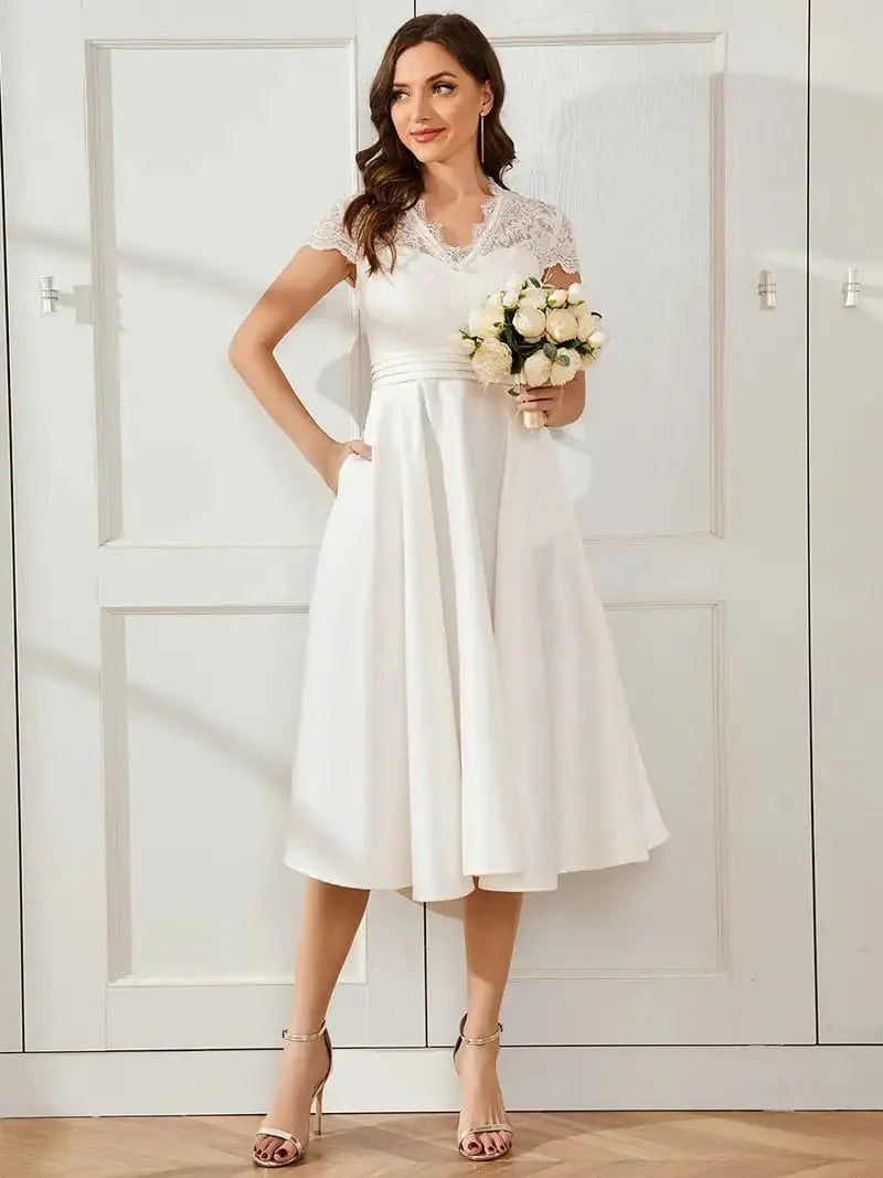 Elegant Evening Dresses V-neck Women's Short Sleeves Knee-Length 2024 Ever pretty of Lace A-line White Cocktail Dresses - Image 2