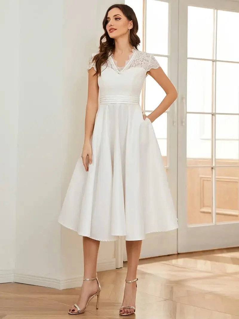 Elegant Evening Dresses V-neck Women's Short Sleeves Knee-Length 2024 Ever pretty of Lace A-line White Cocktail Dresses - Image 3